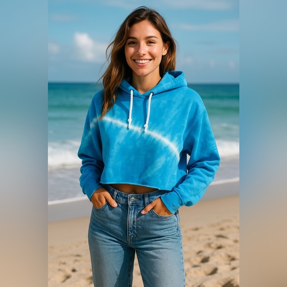 GAP Tie-Dye Cropped Raw Edge Blue White Hoodie Sweatshirt – Size Small - Picture 1 of 13